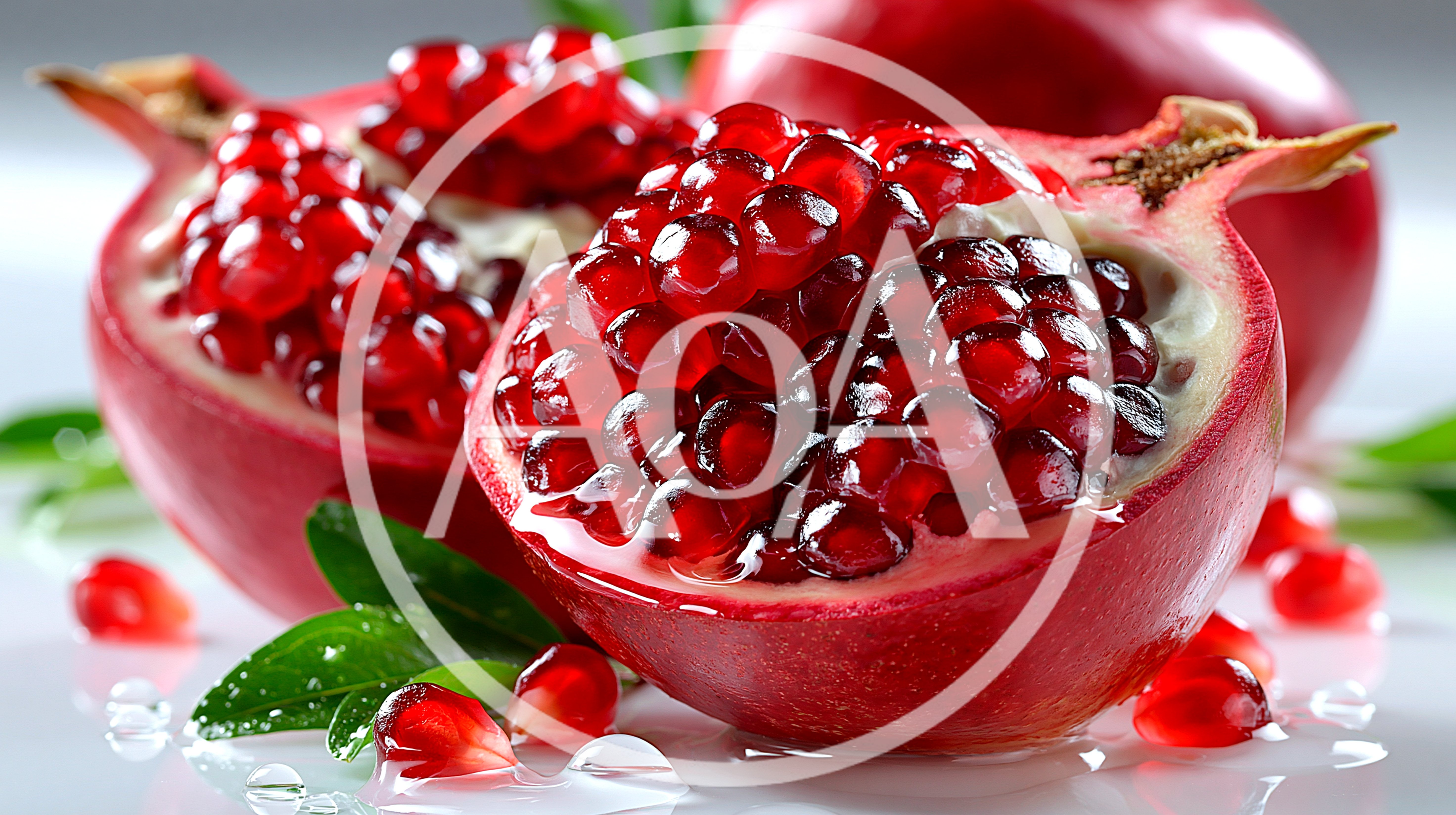Fresh Pomegranate Halves With Seeds And Green Leaves