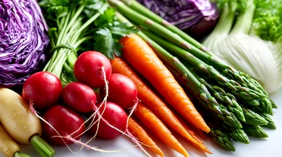 Fresh Assorted Vegetables Including Radishes Carrots And Asparagus