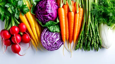 Fresh Organic Vegetables Arranged On A White Background
