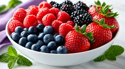 Fresh Mixed Berries In A White Bowl