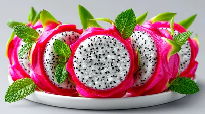Fresh Sliced Dragon Fruit With Mint Leaves