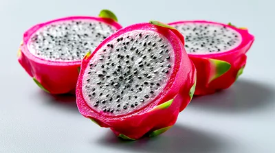 Three Halved Dragon Fruits On A White Background