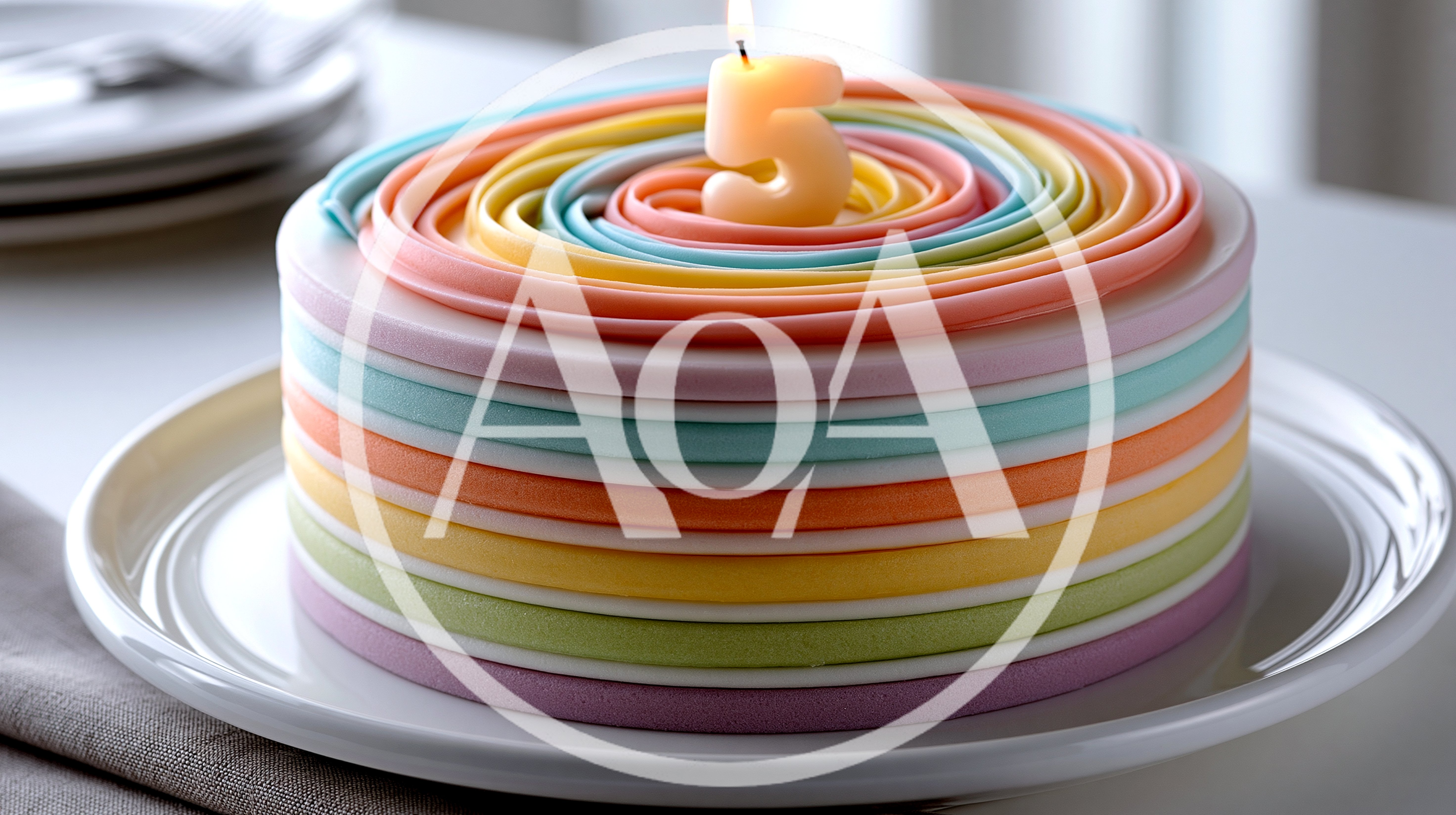 Pastel Layered Birthday Cake With Number Five Candle
