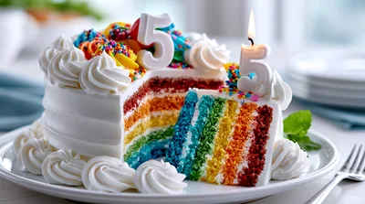 Rainbow Layer Cake With Number Five Candle
