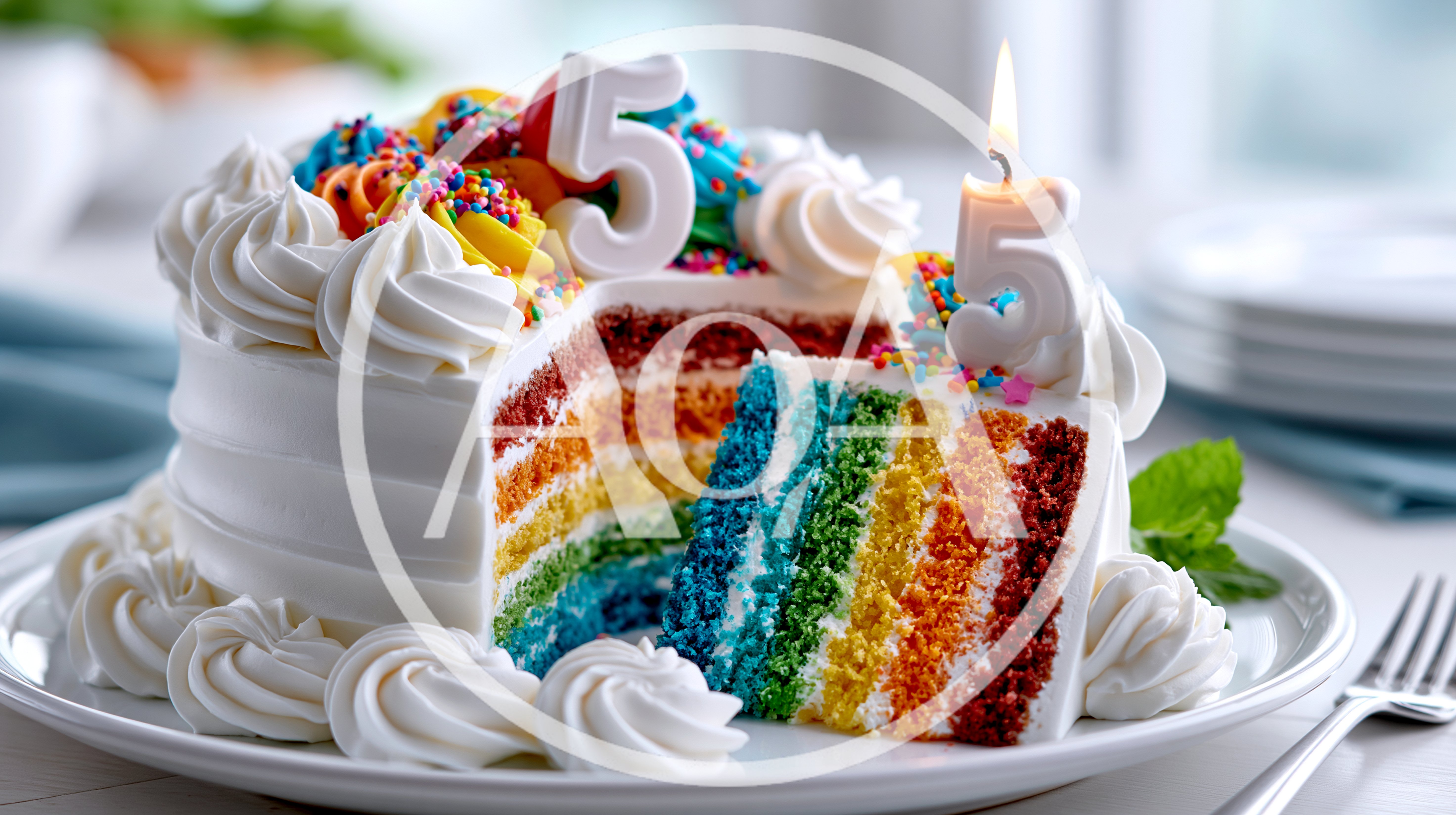 Rainbow Layer Cake With Number Five Candle