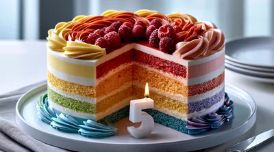 Layered Rainbow Birthday Cake With Number Five Candle