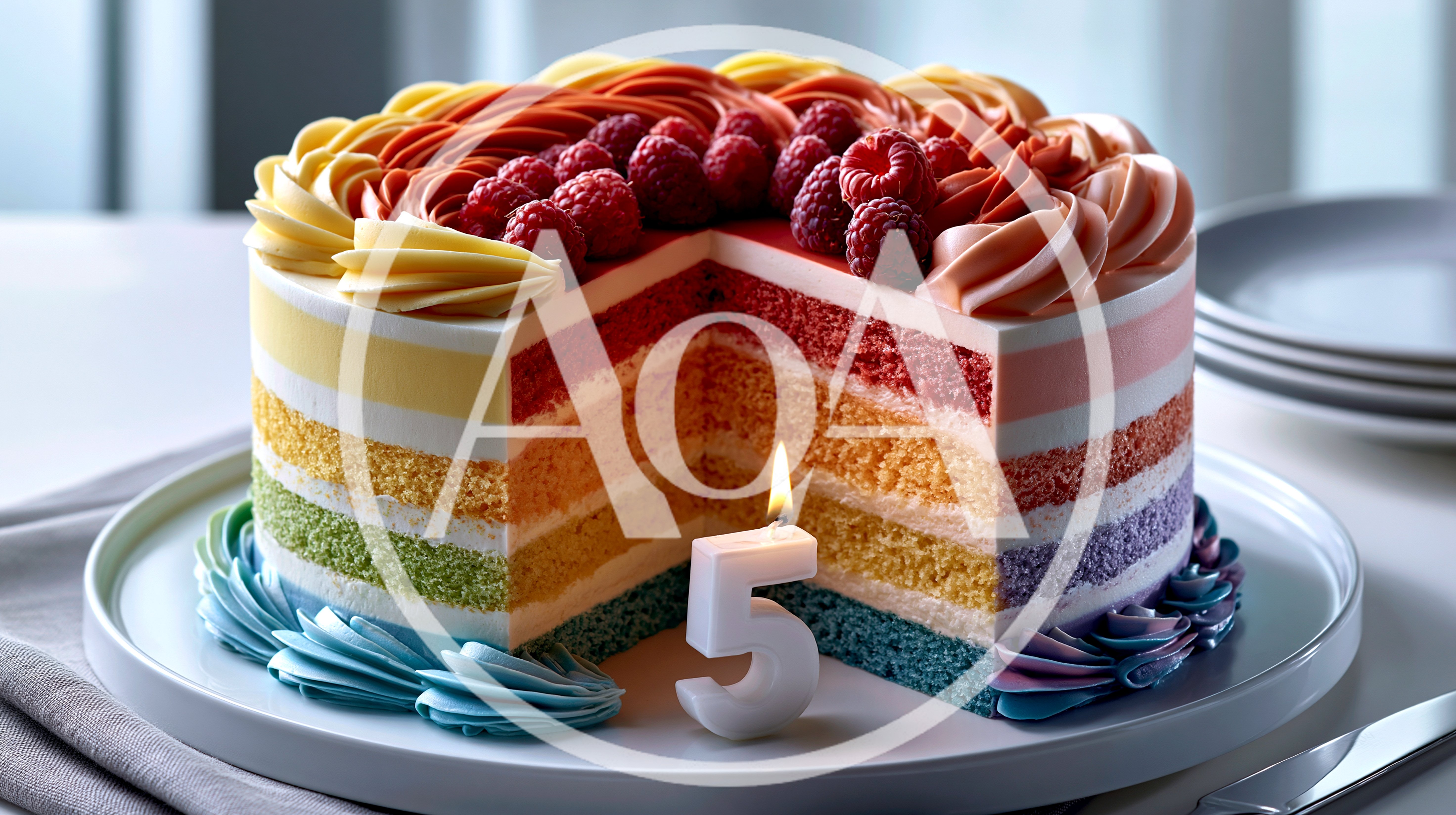 Layered Rainbow Birthday Cake With Number Five Candle