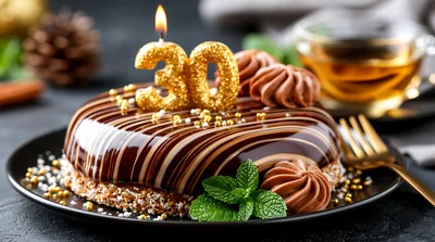 Chocolate Glazed Birthday Cake With Number Thirty Candle