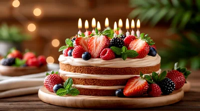 Birthday Cake Topped With Fresh Berries And Candles