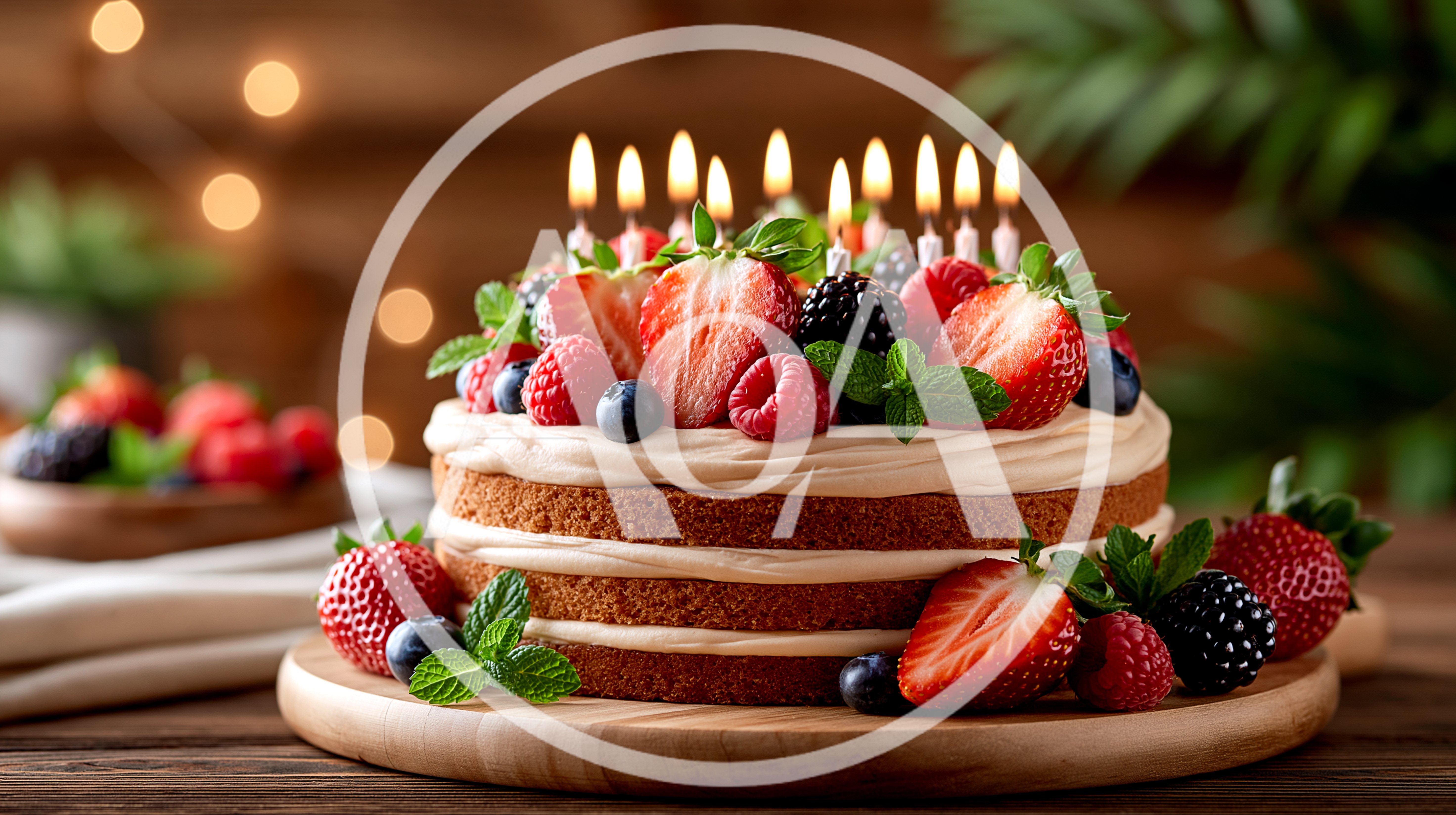 Birthday Cake Topped With Fresh Berries And Candles