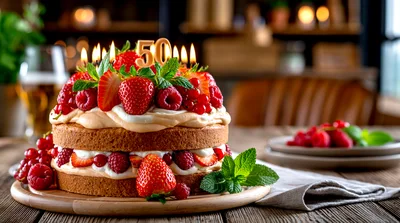 Birthday Cake With Strawberries And Number Fifty Candle