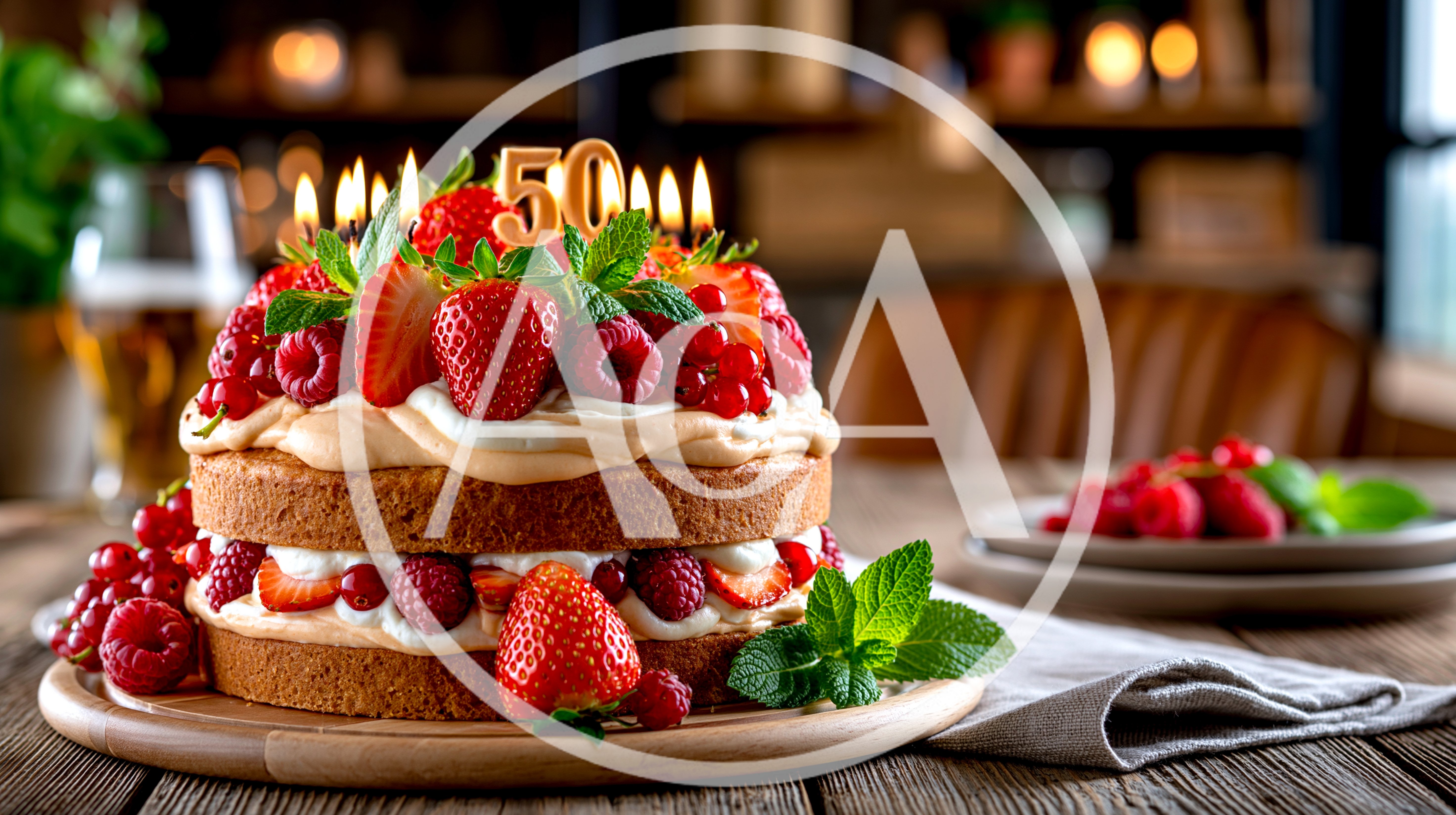 Birthday Cake With Strawberries And Number Fifty Candle