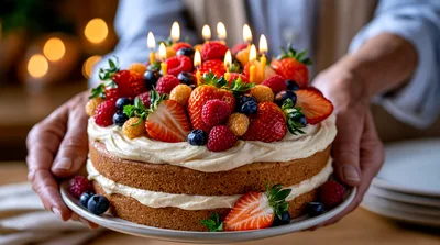 Person Holding A Fresh Strawberry Layer Cake