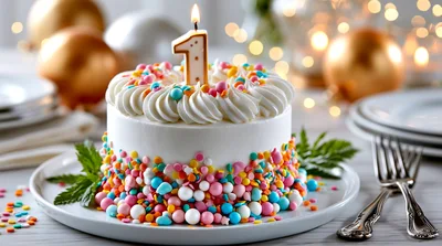 First Birthday Cake With Sprinkles And Candle