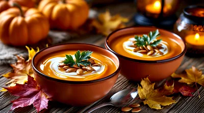 Two Bowls Of Creamy Pumpkin Soup With Garnish