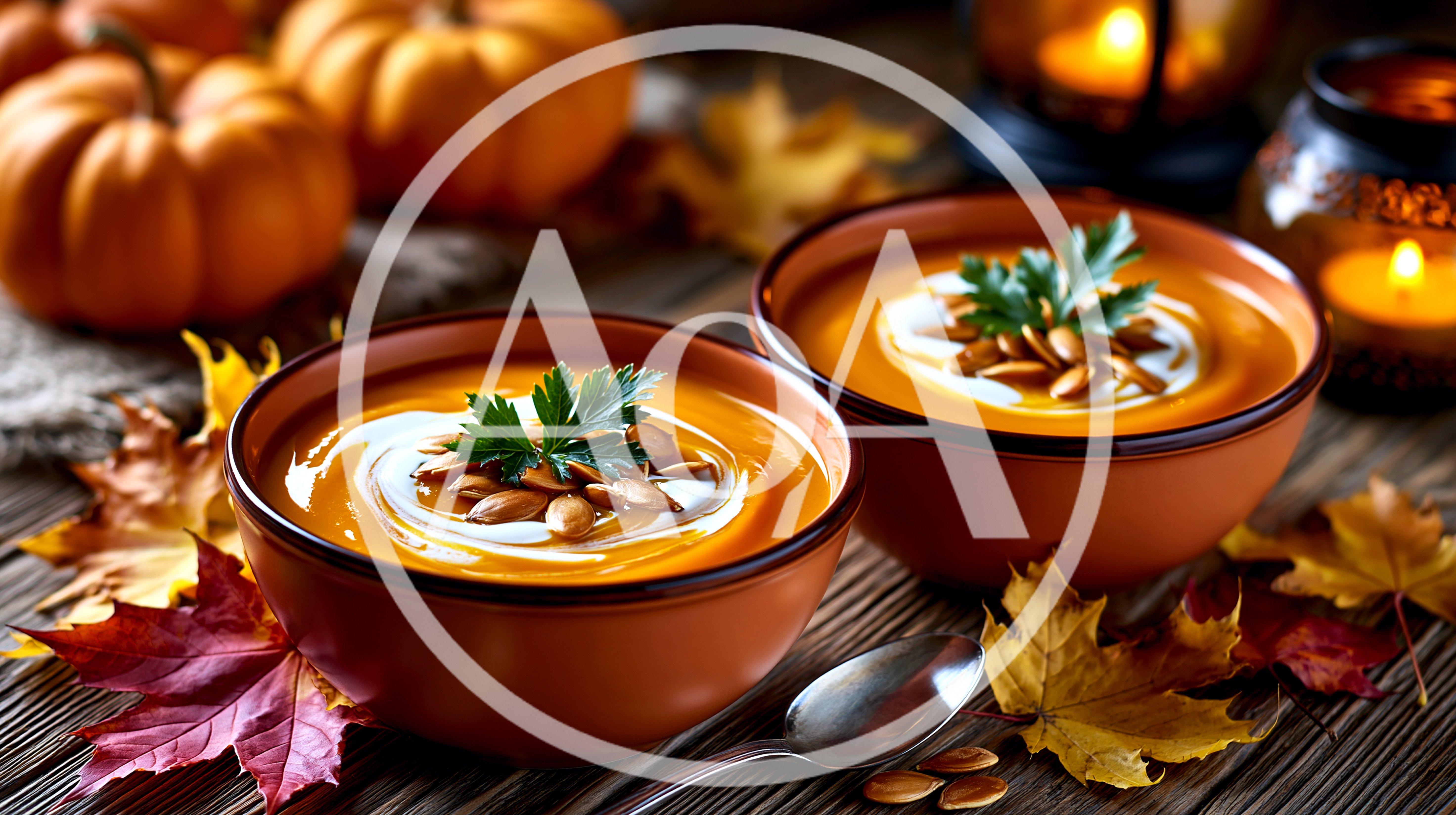 Two Bowls Of Creamy Pumpkin Soup With Garnish