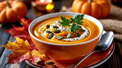 Bowl Of Creamy Pumpkin Soup With Garnish