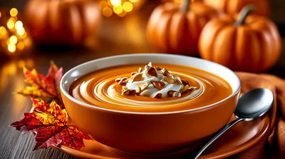 Bowl Of Creamy Pumpkin Soup With Toasted Seeds