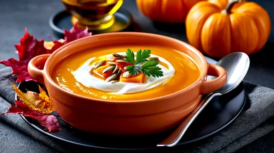 Bowl Of Creamy Pumpkin Soup With Garnish