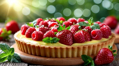 Fresh Strawberry And Raspberry Fruit Tart On Wooden Board