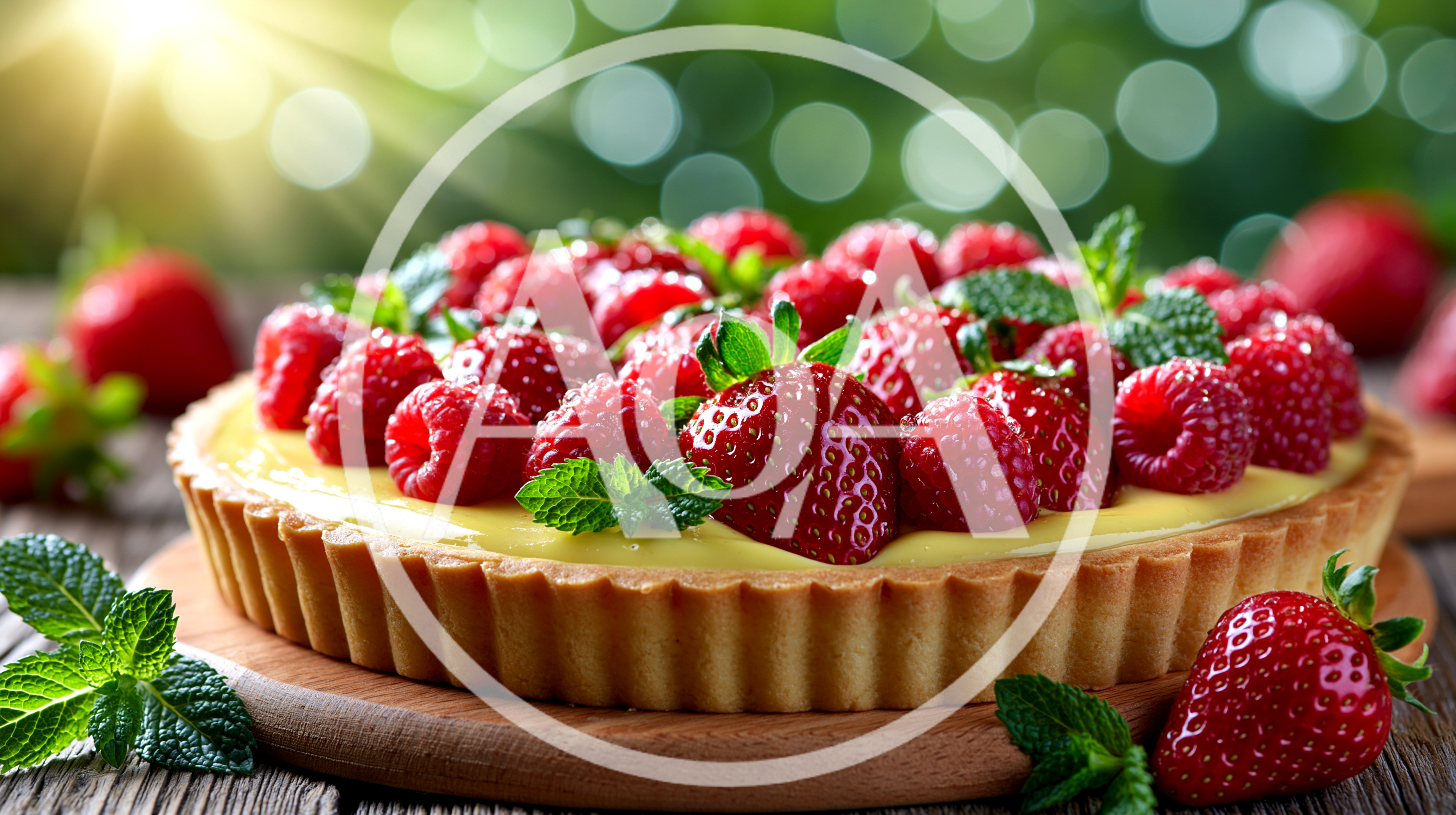 Fresh Strawberry And Raspberry Fruit Tart On Wooden Board