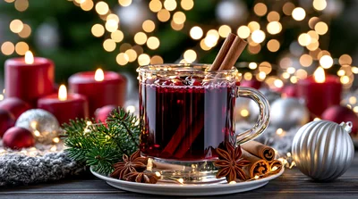 Glass Mug Of Mulled Wine With Christmas Decorations