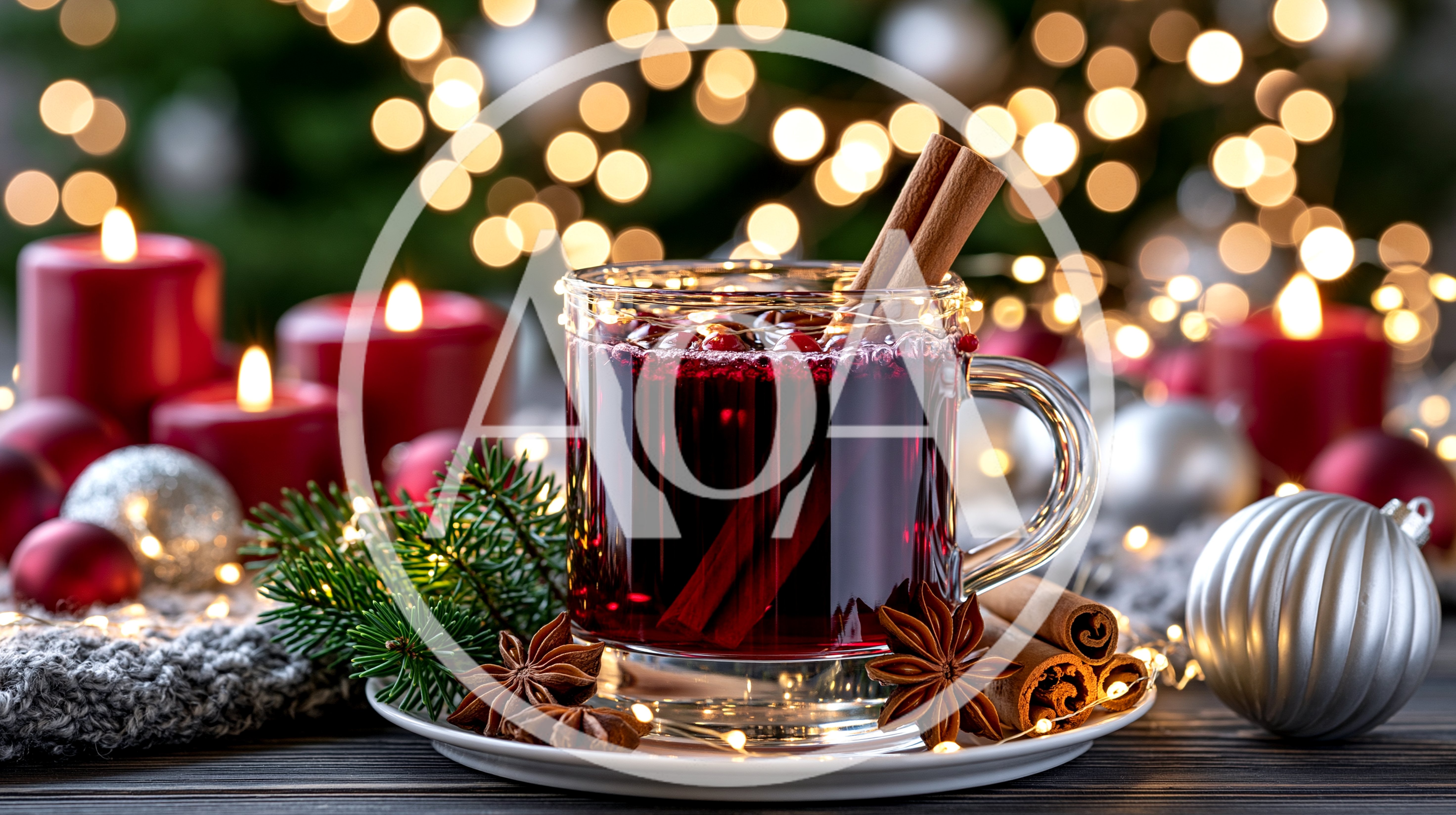 Glass Mug Of Mulled Wine With Christmas Decorations