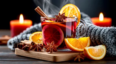 Steaming Mug Of Mulled Wine With Spices And Oranges