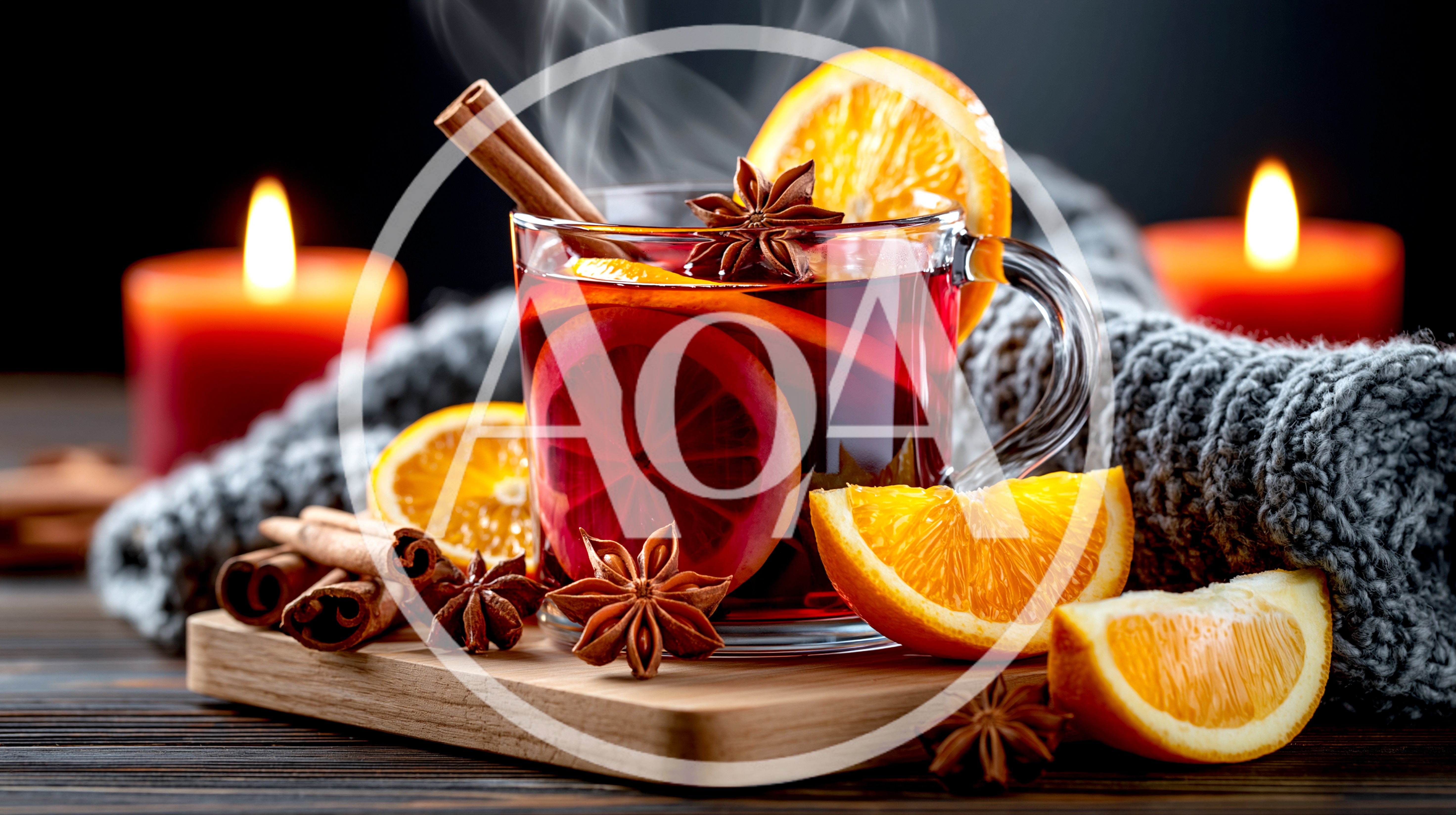 Steaming Mug Of Mulled Wine With Spices And Oranges