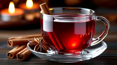 Glass Cup Of Mulled Wine With Cinnamon And Anise