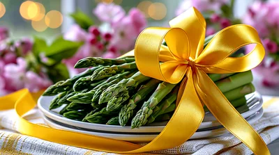 Fresh Asparagus Spears Tied With A Yellow Ribbon