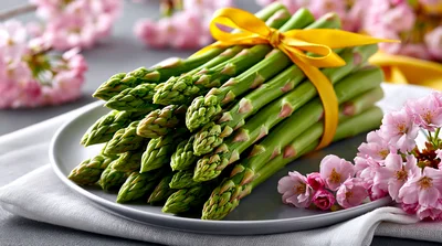 Fresh Green Asparagus Spears Tied With Yellow Ribbon