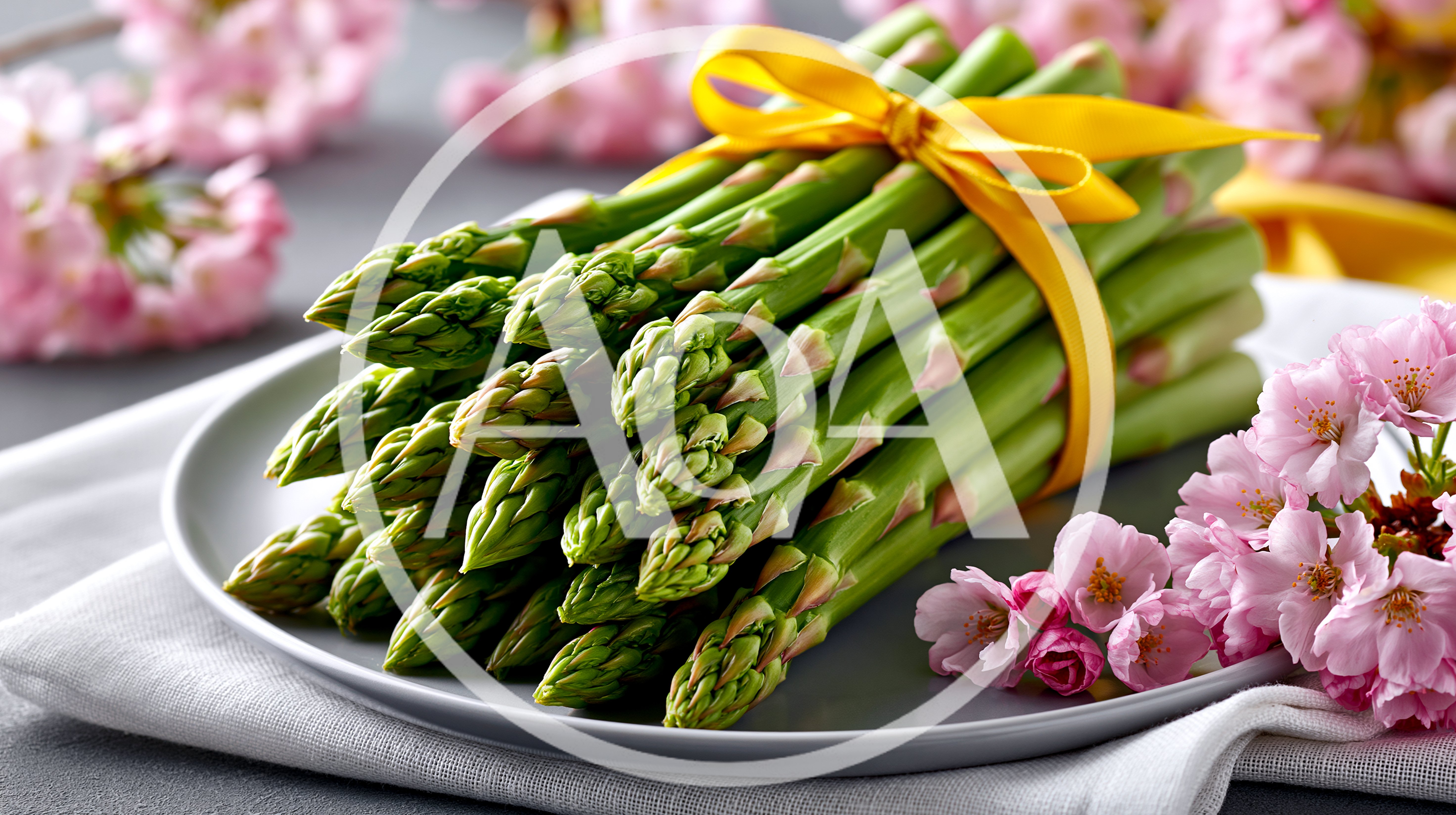 Fresh Green Asparagus Spears Tied With Yellow Ribbon