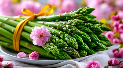 Fresh Green Asparagus Spears Tied With Yellow Ribbon