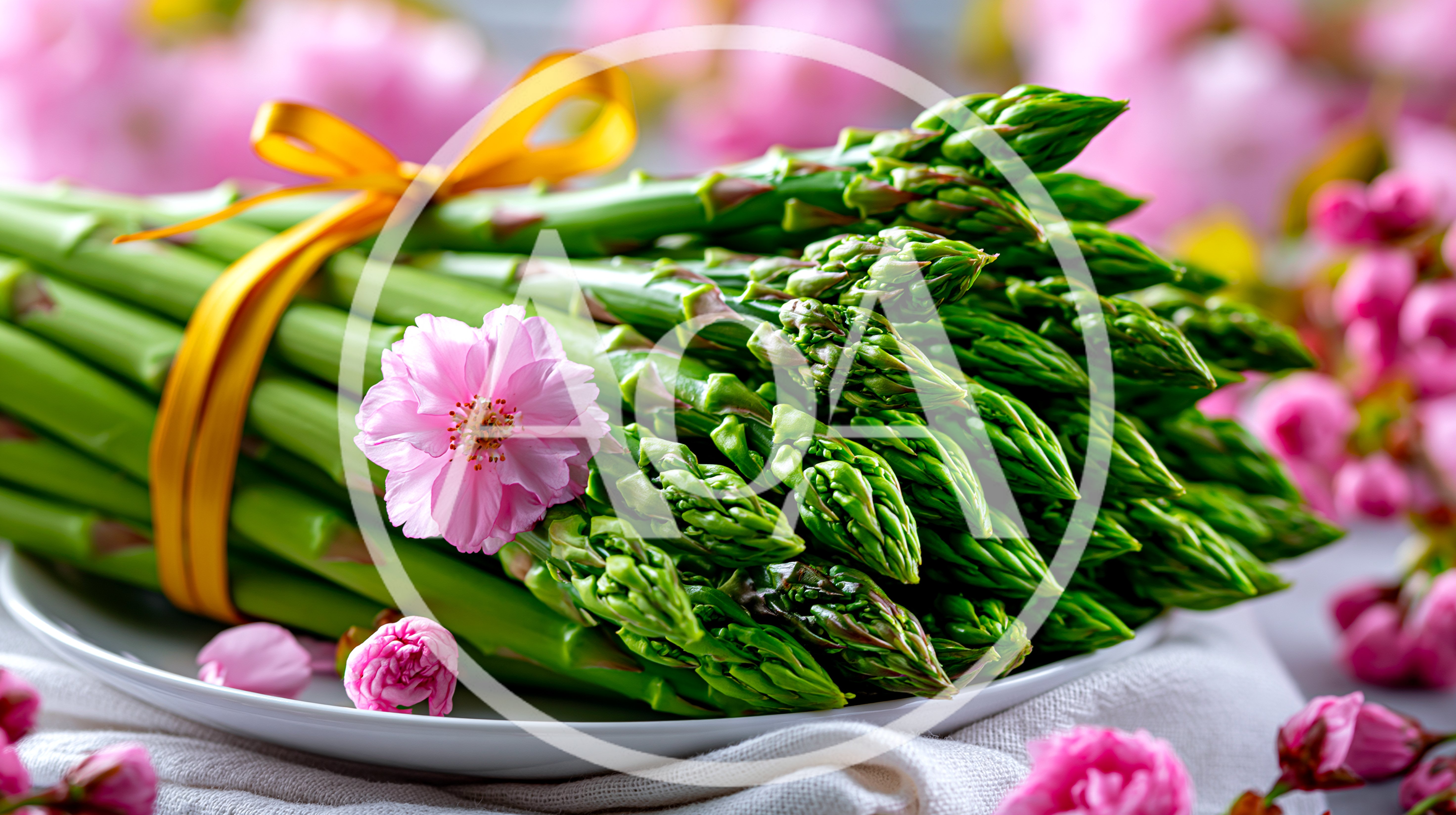 Fresh Green Asparagus Spears Tied With Yellow Ribbon
