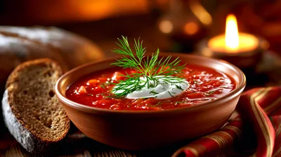 Bowl Of Traditional Beetroot Borscht Soup With Sour Cream