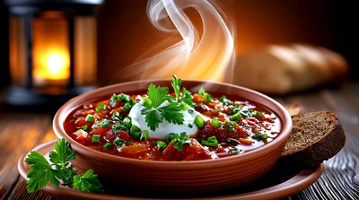Steaming Bowl Of Borscht With Sour Cream And Herbs