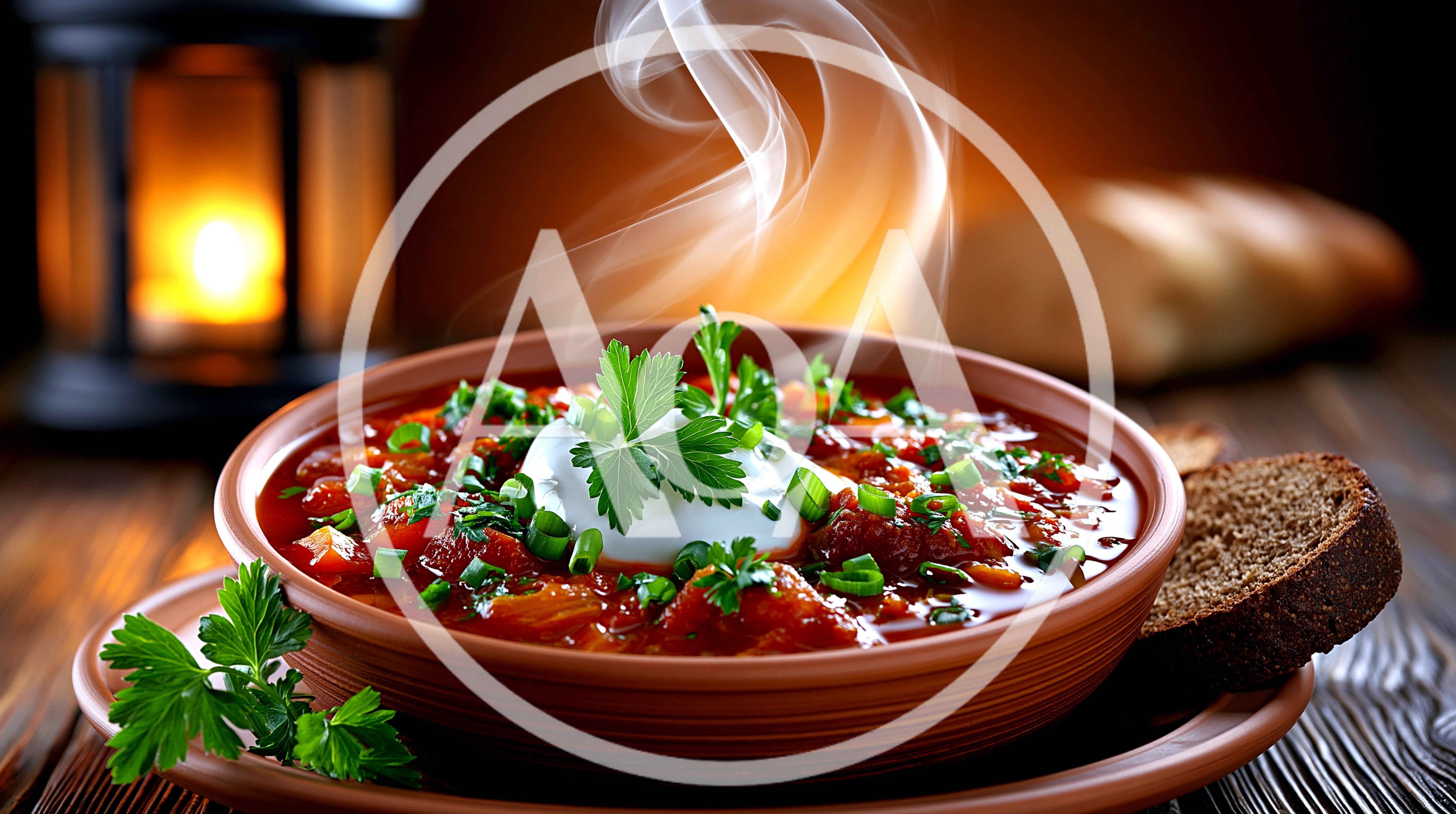 Steaming Bowl Of Borscht With Sour Cream And Herbs