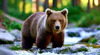 Brown Bear Standing In A Shallow Forest Stream
