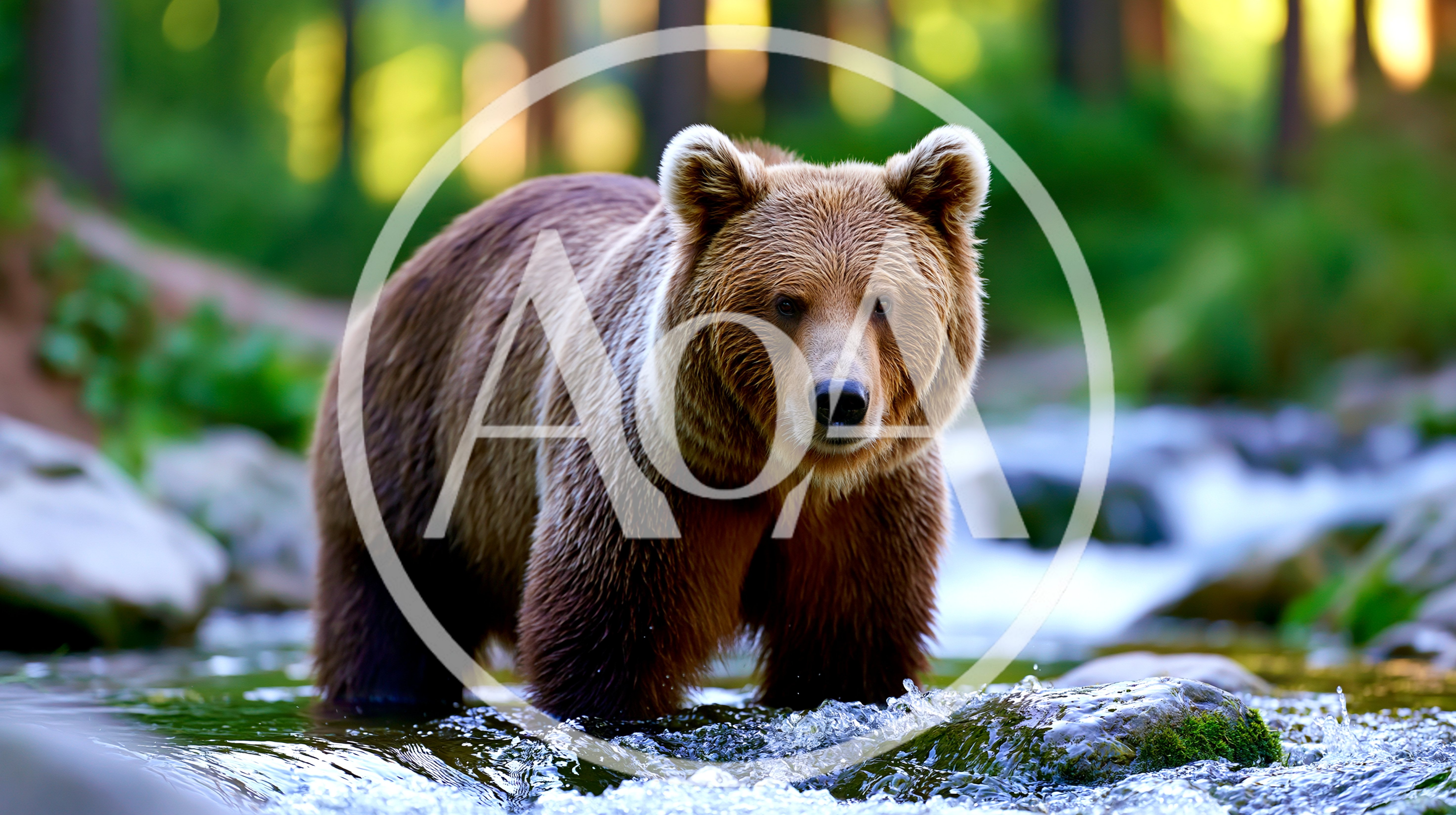 Brown Bear Standing In A Shallow Forest Stream