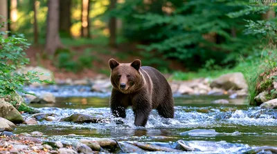 Brown Bear Walking Through A Shallow Forest Stream