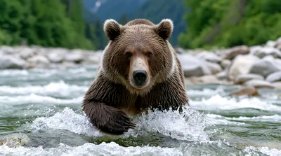 Brown Bear Walking Through A Shallow Rocky River