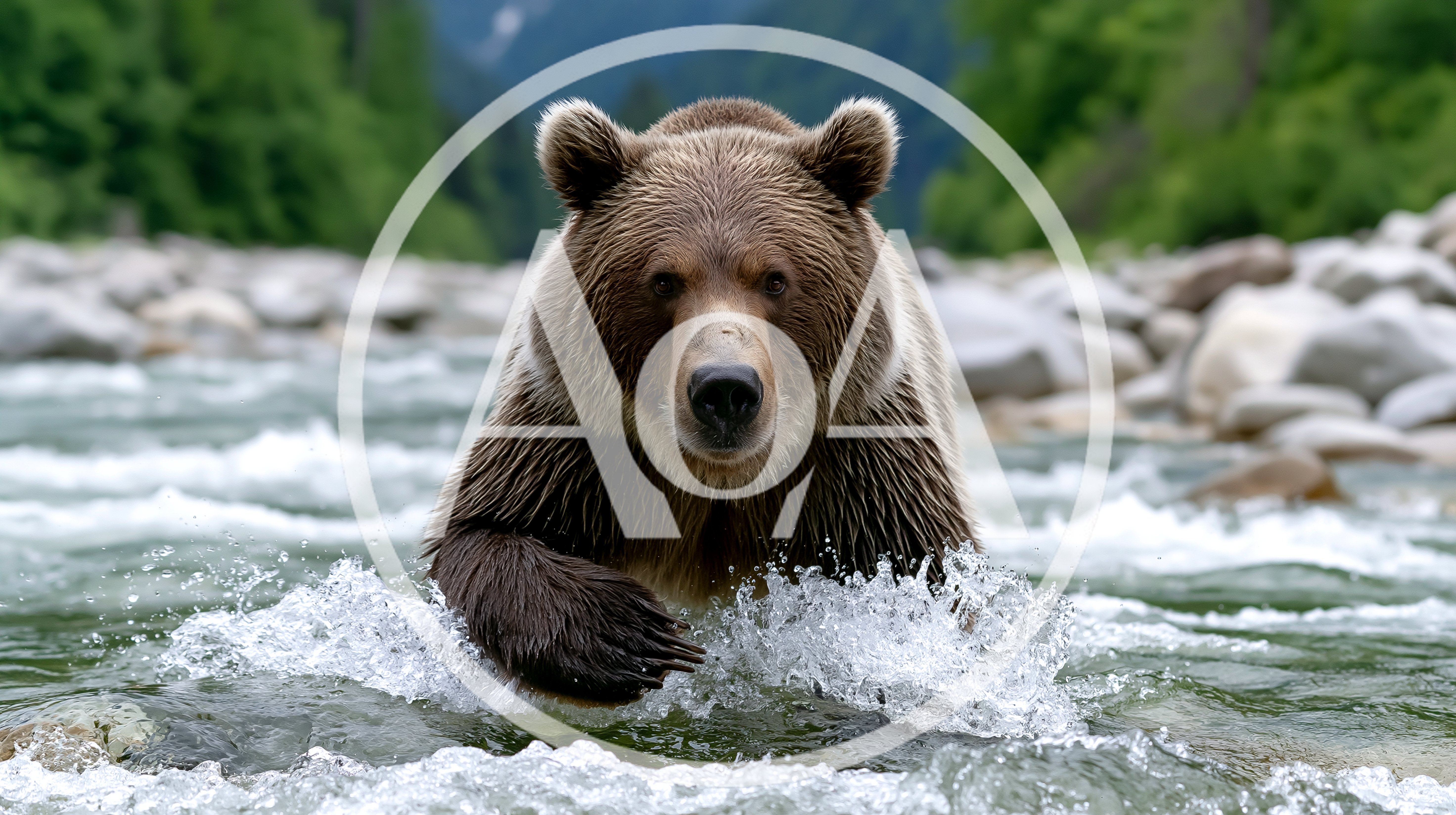 Brown Bear Walking Through A Shallow Rocky River