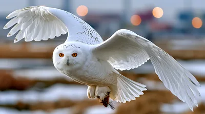 Snowy Owl Flying With Prey In Its Talons