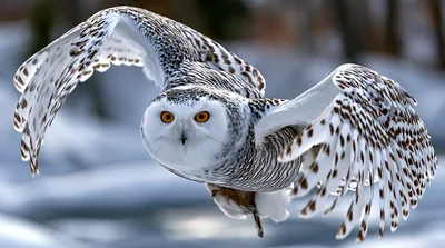 Snowy Owl Flying With Wings Spread Wide