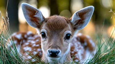 Close Up Portrait Of A Fawn In Grass