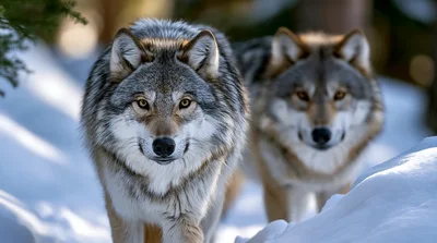 Two Gray Wolves Walking Through Deep Winter Snow