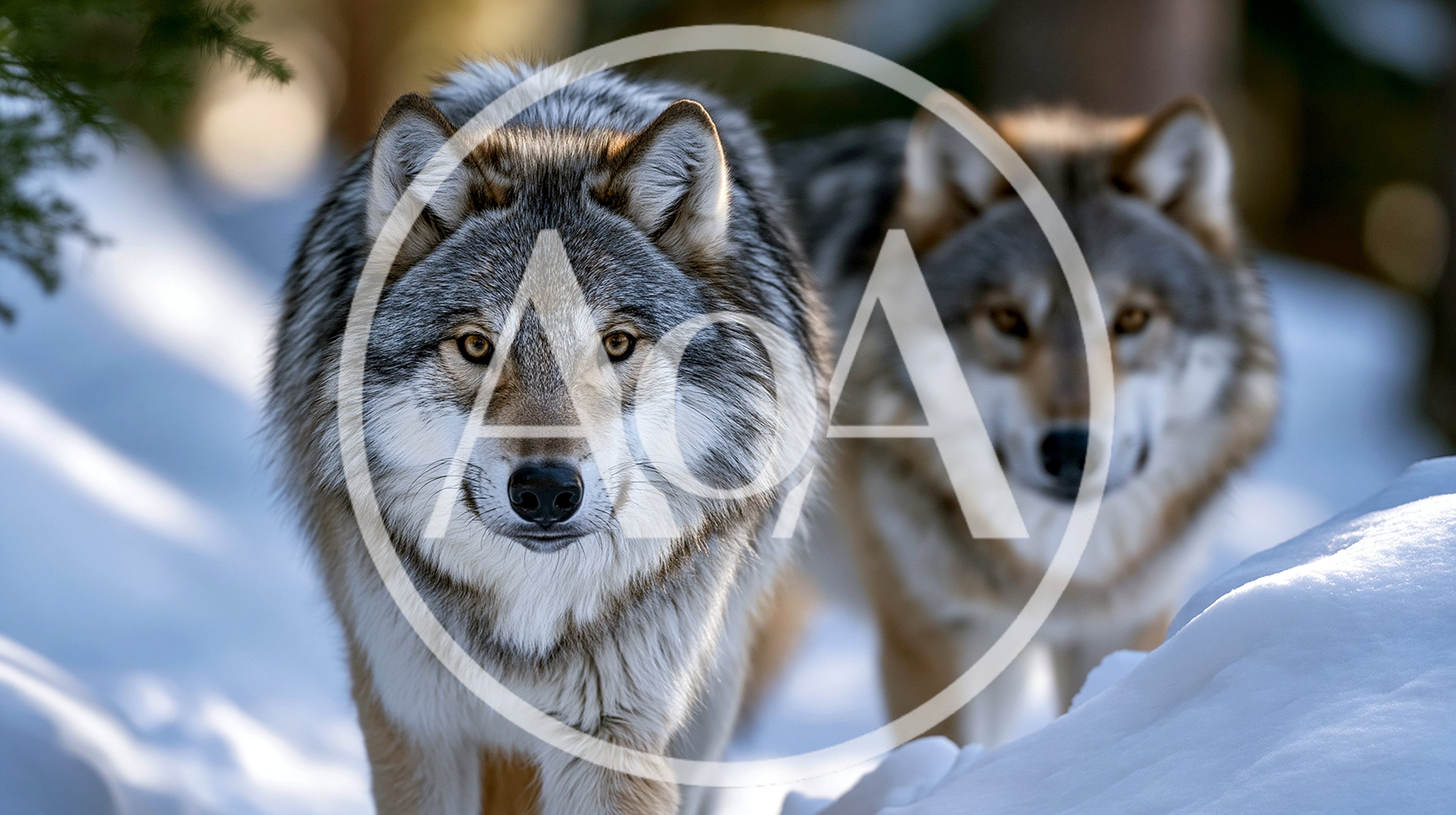 Two Gray Wolves Walking Through Deep Winter Snow