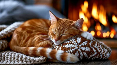Ginger Cat Sleeping On A Knitted Pillow By Fireplace