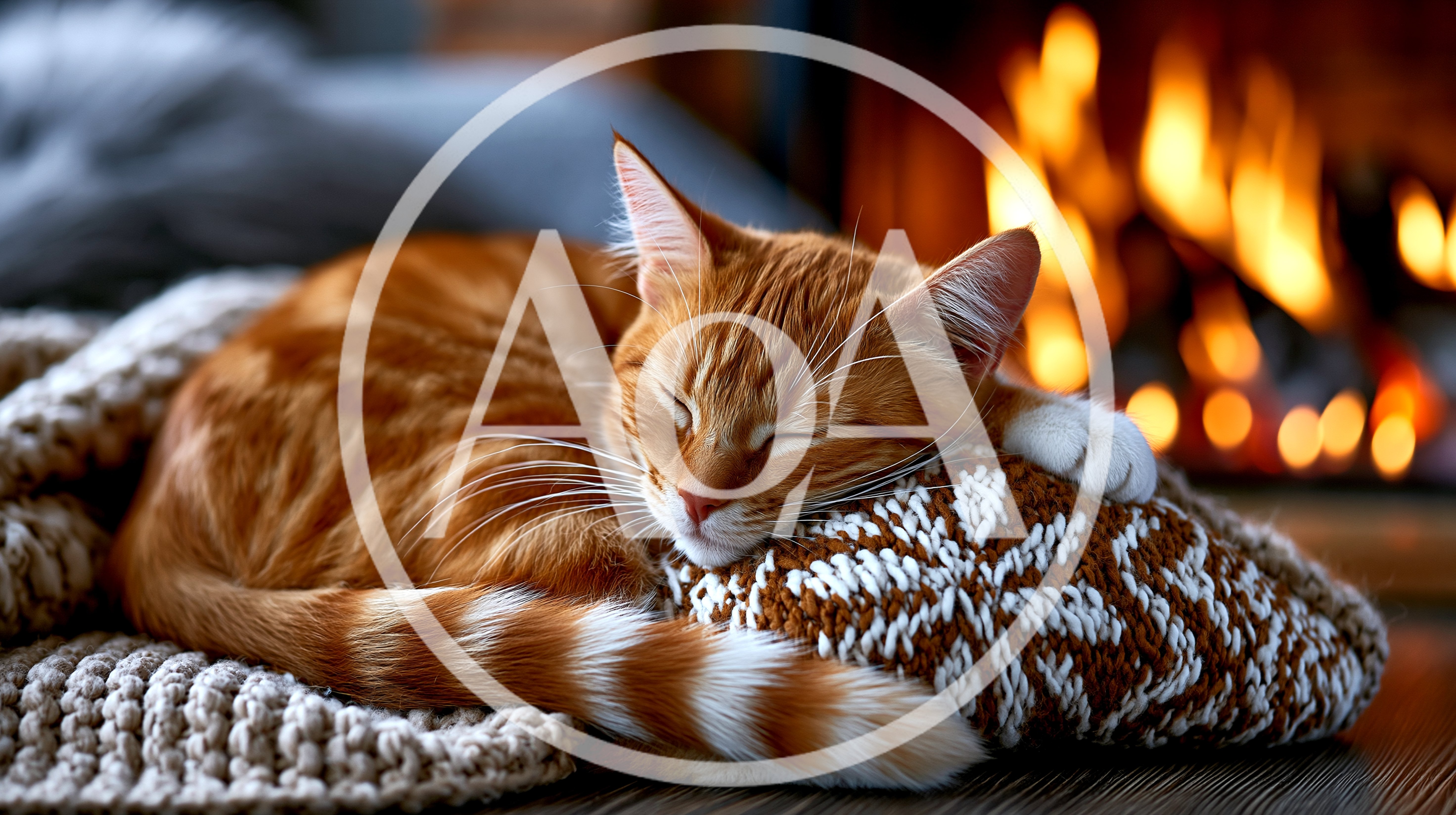 Ginger Cat Sleeping On A Knitted Pillow By Fireplace